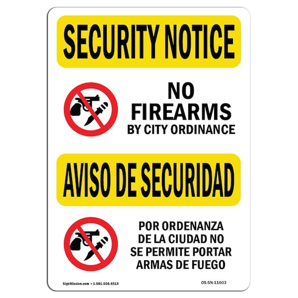 OSHA Security Sign, 3.5" Height, 5" Width, No Firearms By City Bilingual, Landscape, 10PK
